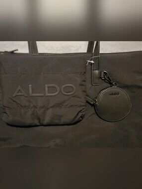 ALDO Black Nylon Tote Bag 3-Piece Set Shoulder Bag Cosmetic Pouch Coin Purse NWT
